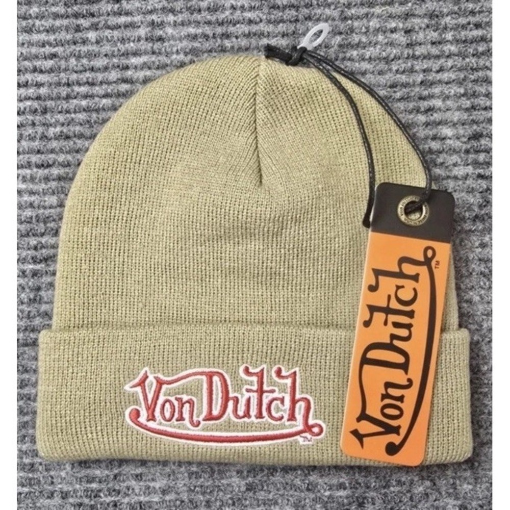 Von Dutch Unisex Adult Logo Retro Beanie Hat Khaki